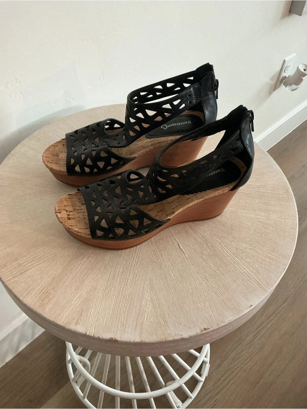 243. Bear Traps Black Laser-Cut Cork Platform Wedge Sandals
